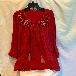 Peasant blouse.  Knox Rose Deep red in color. Size L